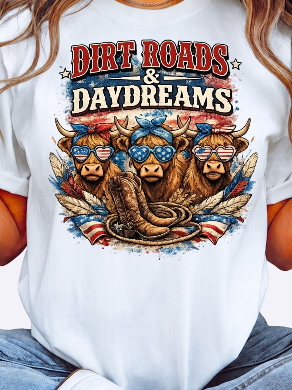 Graphic Shirt Dirt Roads Cows Western Trendy Short Sleeve Tee Womens Tops White